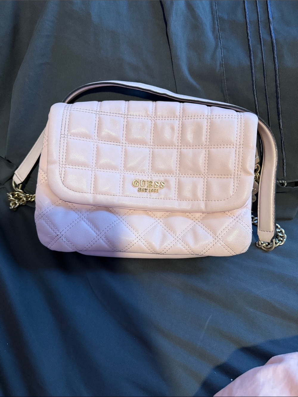 GUESS Quilted Crossbody Bag in Pale Pink with Gold Hardware